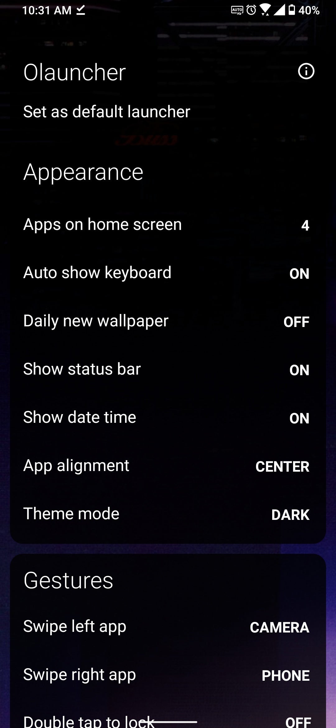 The Olauncher settings screen - Android Refresh Tuesdays – Minimalist theme
