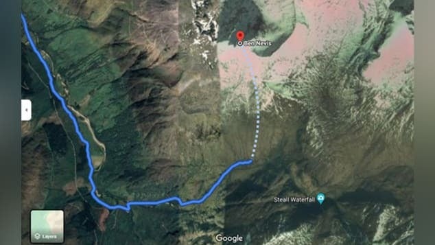 This image shows a dangerous route suggested by Google Maps to climb up Scotland&#039;s tallest mountain - Google Maps is giving out potentially fatal directions to mountain climbers