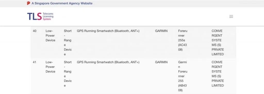 A search on Singapore Government TLS reveals the new Forerunner models - Garmin Forerunner 255 outed in agency listing, launch seems imminent