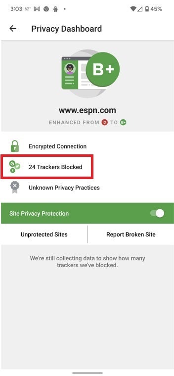 DuckDuckGo blocked 24 trackers working with the ESPN website - DuckDuckGo Mobile Browser blocks you from being tracked