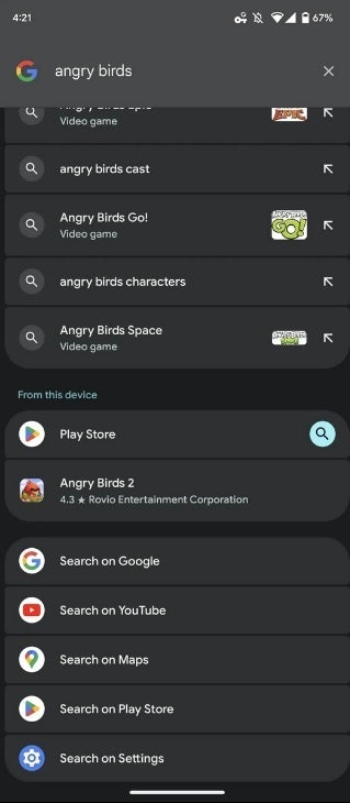 Searching for Angry Birds from the Pixel Launcher with Android 13. Credit-9to5Google - Android 13 will bring changes to the Pixel Launcher&#039;s Search box