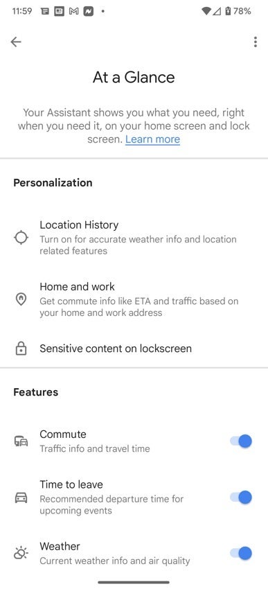 Pixel users should make sure that they have Commute and Time to leave toggled on - Pixel&#039;s At a Glance is getting back a very useful feature that was lost to the pandemic