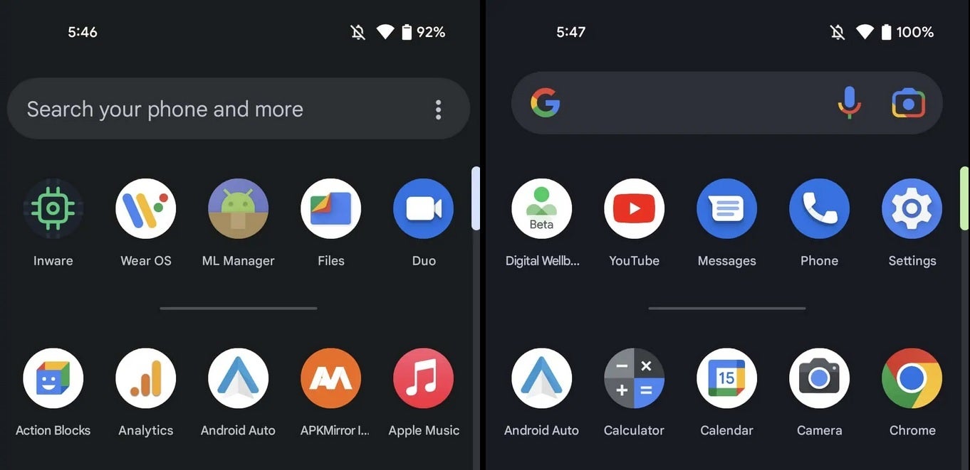 The unified search bars on the left, disappeared with a reboot after Android 13 was installed - Android 13 update might have led to the disappearance of a new Pixel search feature