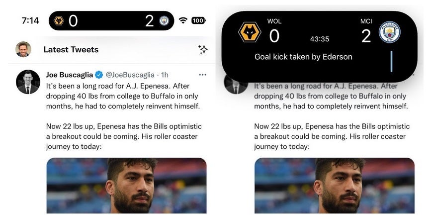 How a Premier League score will look on the Dynamic Island. At right, how it will look after a long press. - Sports fans will rejoice over the feature coming to the Dynamic Island in iOS 16.1