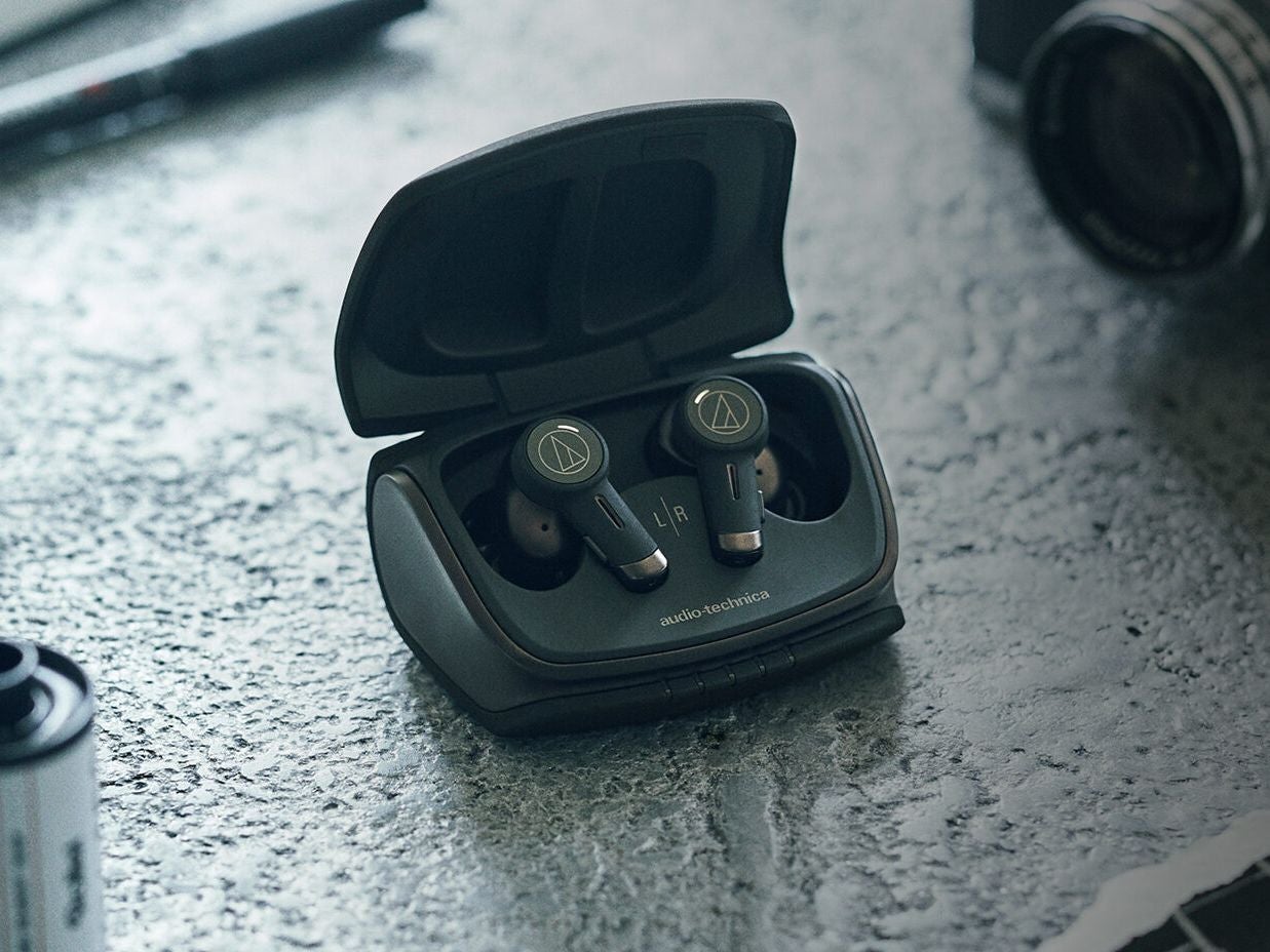 Audio-Technica&amp;rsquo;s new earbuds achieve a premium look with stylish, minimal bronze trim. - Audio-Technica’s latest earbuds are armed with Anti-Bacterial UV lights