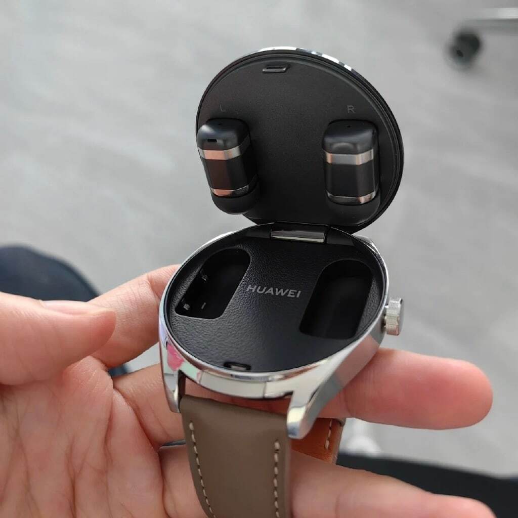 On the underside of the watch dial you will find a pair of wireless Bluetooth earbuds. Image credit-Huawei Central - Huawei&#039;s new smartwatch hides a pair of true wireless Bluetooth earbuds inside