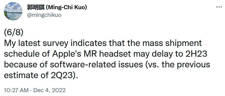 Ming-Chi Kuo pushes back his expected time frame for the release of Apple&#039;s Mixed Reality headset - Kuo sees Apple&#039;s headset delayed until the second half of 2023; huge shortfall in shipments expected