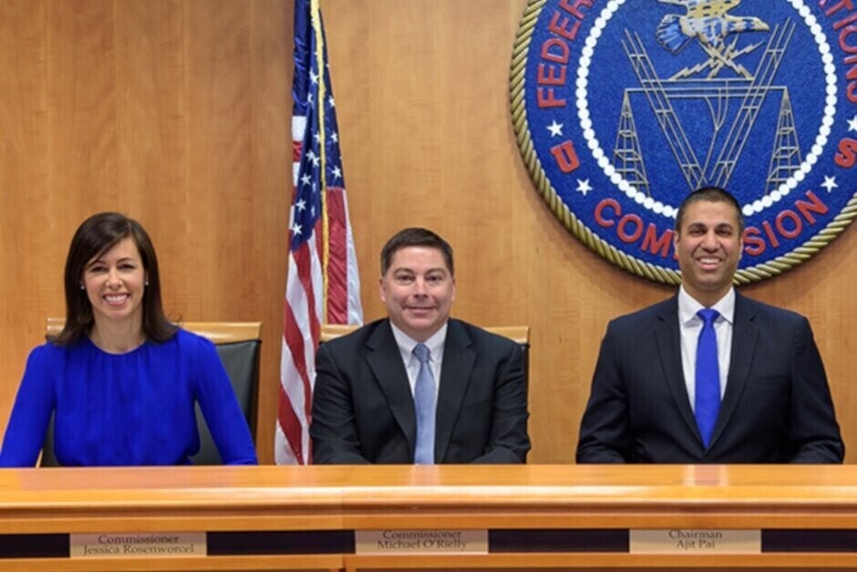 Former FCC Chairman Ajit Pai, at far right, helped the agency remove net neutrality from the books - Here&#039;s why former football star Herschel Walker controls the future of net neutrality