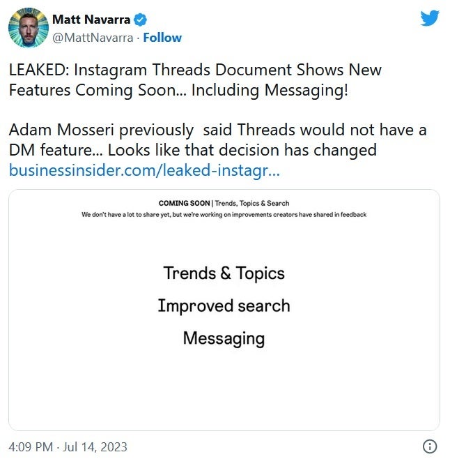 Social media analyst Navarra says DMs are coming soon to Threads along with other features - Leaked memo says DMs are coming sooner than expected to Threads