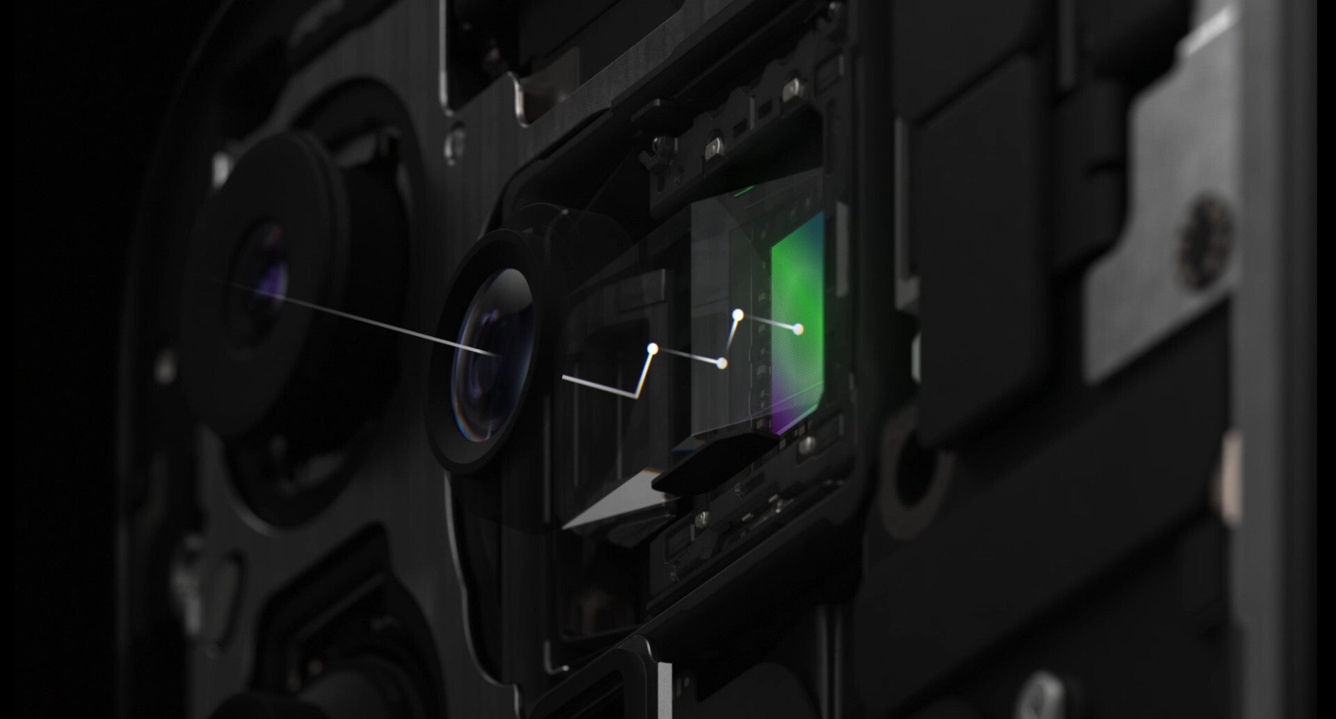 This visualization shows how the Tetraprism design bounces light four times to achieve optical 5x zoom - Apple&#039;s 5x Tetraprism zoom on the iPhone 15 Pro Max: Up Periscope