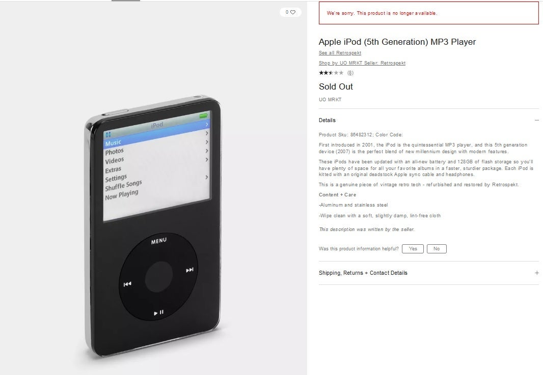 The listing on Urban Outfitters&#039; website notes that the refurbished 5th-generation iPod is sold out - Refurbished 5th-gen iPod MP3 units sell out online