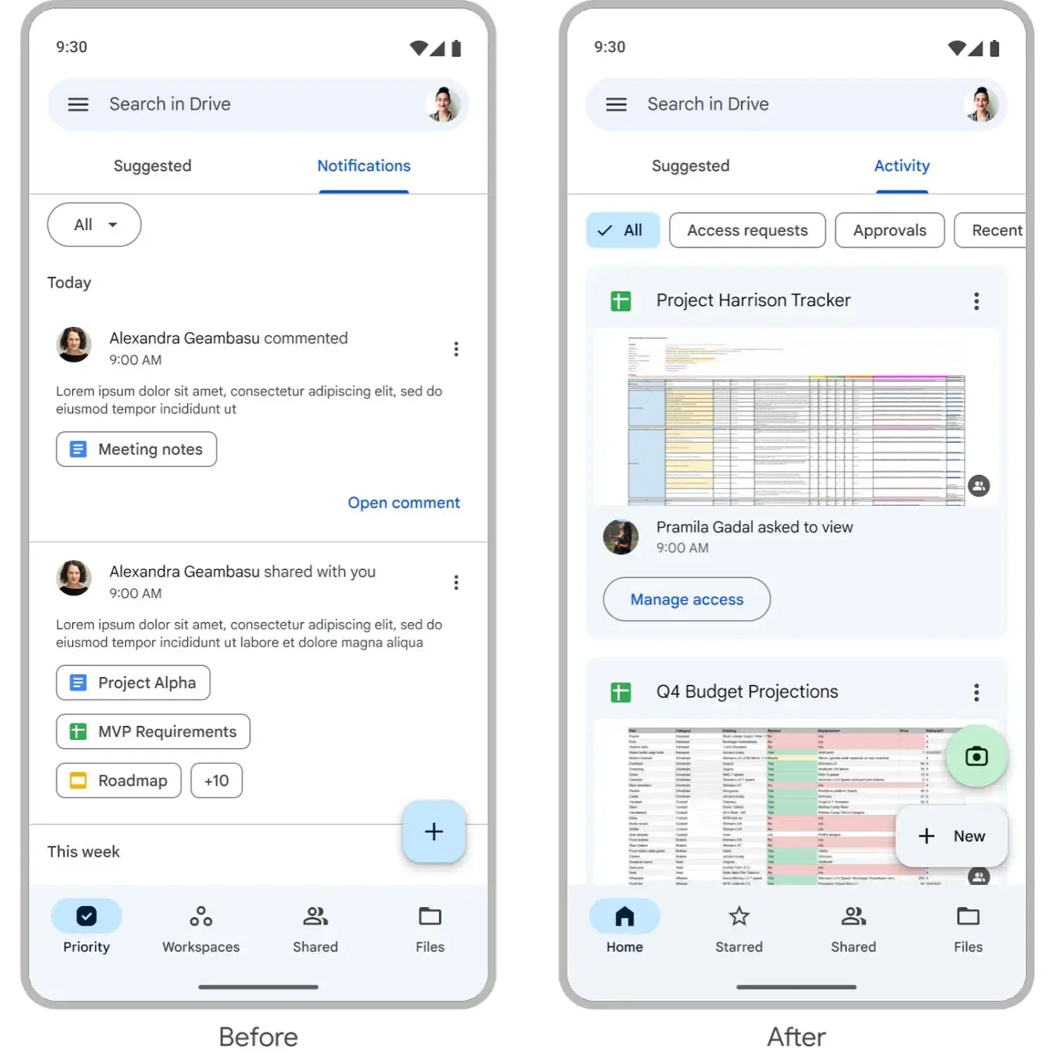 (Image Source - 9to5Google) The homepage before and after the new update - Google Drive gets a revamped homepage for Android and iOS users