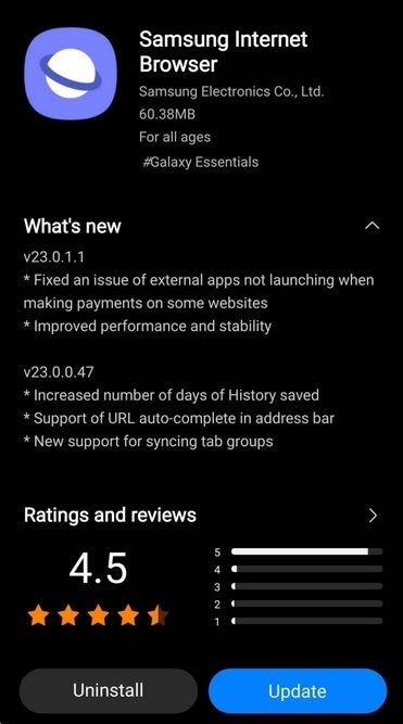 New update for the Samsung Internet Browser - Updates to popular Samsung Internet Browser kill bugs, add new features