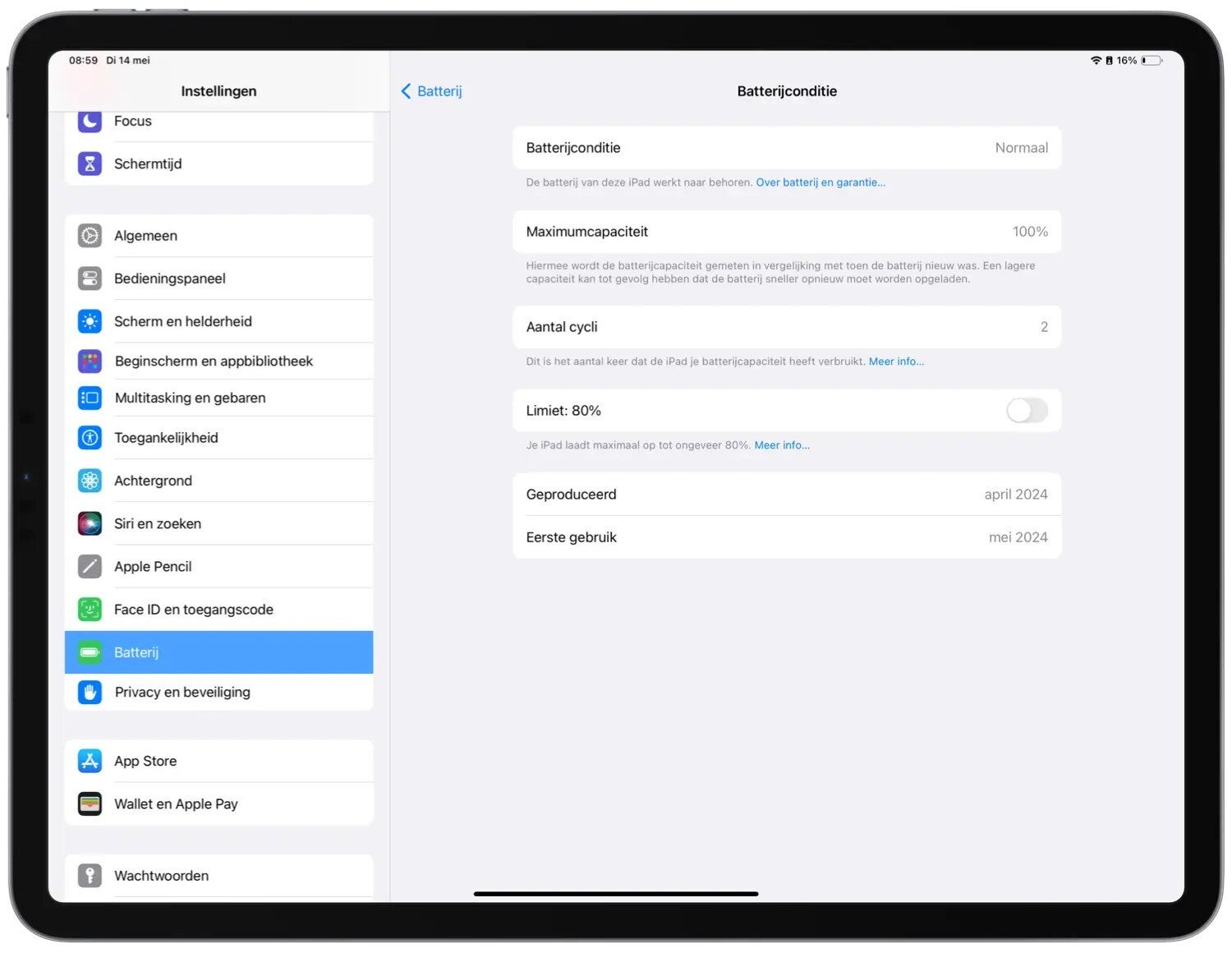 Even though the menu&#039;s in Dutch, you can still spot the Battery Health feature on the newest iPad (Image Credit–iCulture) - Apple finally brings Battery Health to the iPad with the new iPad Pro M4 (2024) and iPad Air M2 (2024)