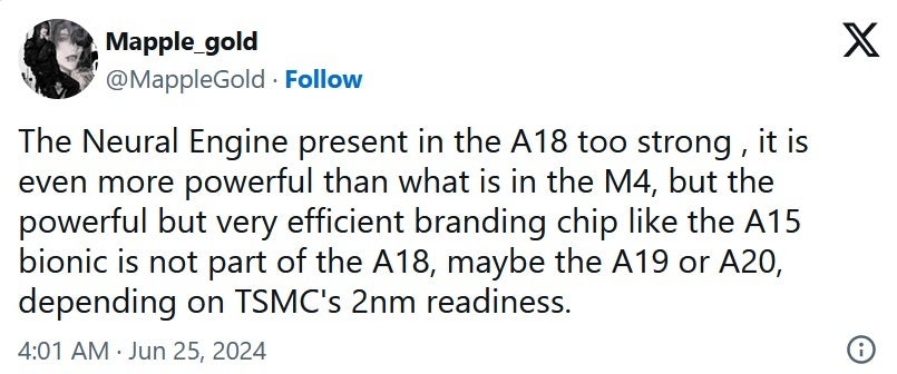 Tweet about the A18&#039;s Neural Engine posted by computer engineer MappleGold - Apple&#039;s A18 and A18 Pro APs will feature a more powerful Neural Engine than the one in the M4