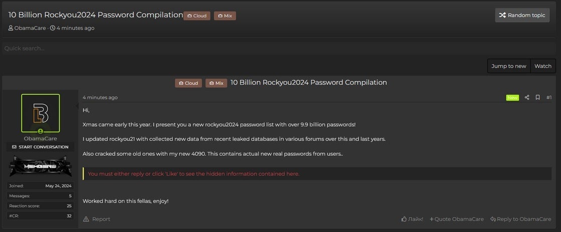 On a hacker forum, an attacker announces that he has posted a file containing nearly 10 billion passwords|Image credit-Cybernews - You might want to change all of your passwords after this record setting leak was announced