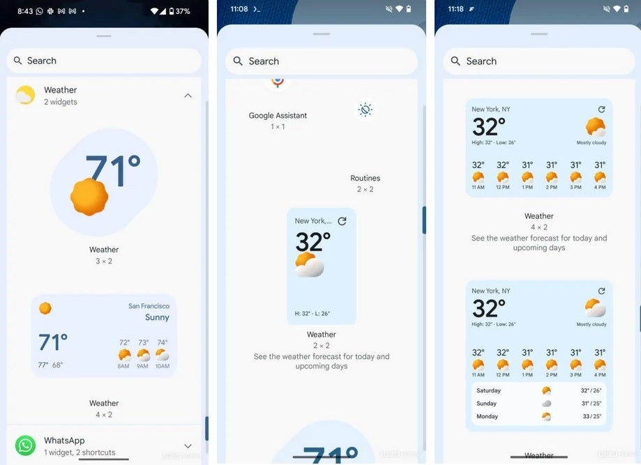 Current Android weather widgets (L) and new weather widgets being prepared by Google (C,R). | Image credit-Android Authority - Three new weather widgets full of data could be coming to Android