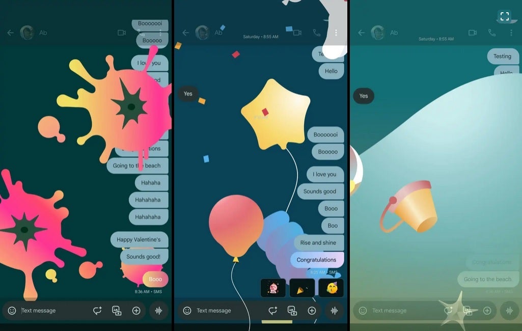 Three new Screen Effects that appear on Google Messages when the trigger words are typed over RCS and SMS. | Image credit-9to5Google - Google brings back cool Google Messages feature it just took away this past February