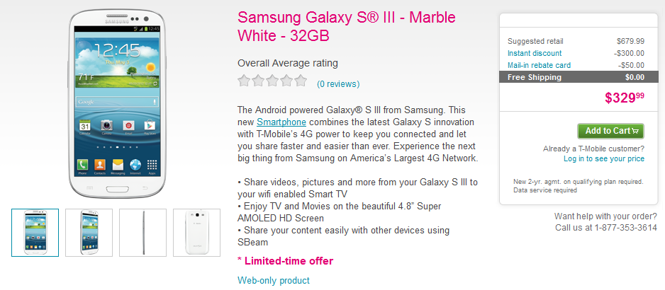 Only one version of the Samsung Galaxy S III is now available online from T-Mobile - T-Mobile&#039;s Samsung Galaxy S III is now available in limited markets