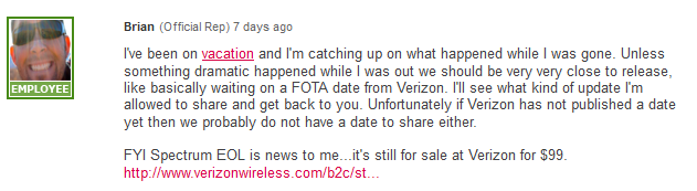 An LG support rep says the Android 4.0 update for the LG Spectrum is awaiting the green light from Verizon - LG Spectrum is ready for Android 4.0, all that is required is &#039;OK&#039; from Verizon