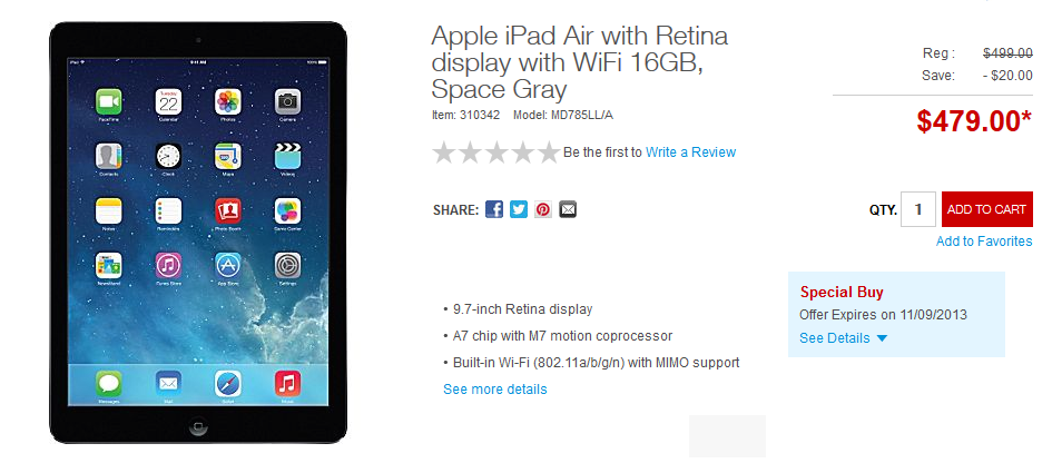 Staples will match Walmart&#039;s $479 price for the Apple iPad Air - Apple and Best Buy will price match Walmart on the Apple iPad Air in their physical stores