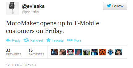 Tweet from evleaks says T-Mobile customer will get to use the Moto Maker starting this Friday - T-Mobile customers to get Moto Maker access on Friday?