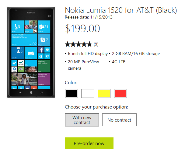 The Nokia Lumia 1520 will launch via AT&amp;amp;T on November 15th for $199 on contract - Nokia Lumia 1520 gets November 15th release date on AT&amp;T; phablet is $199 on contract