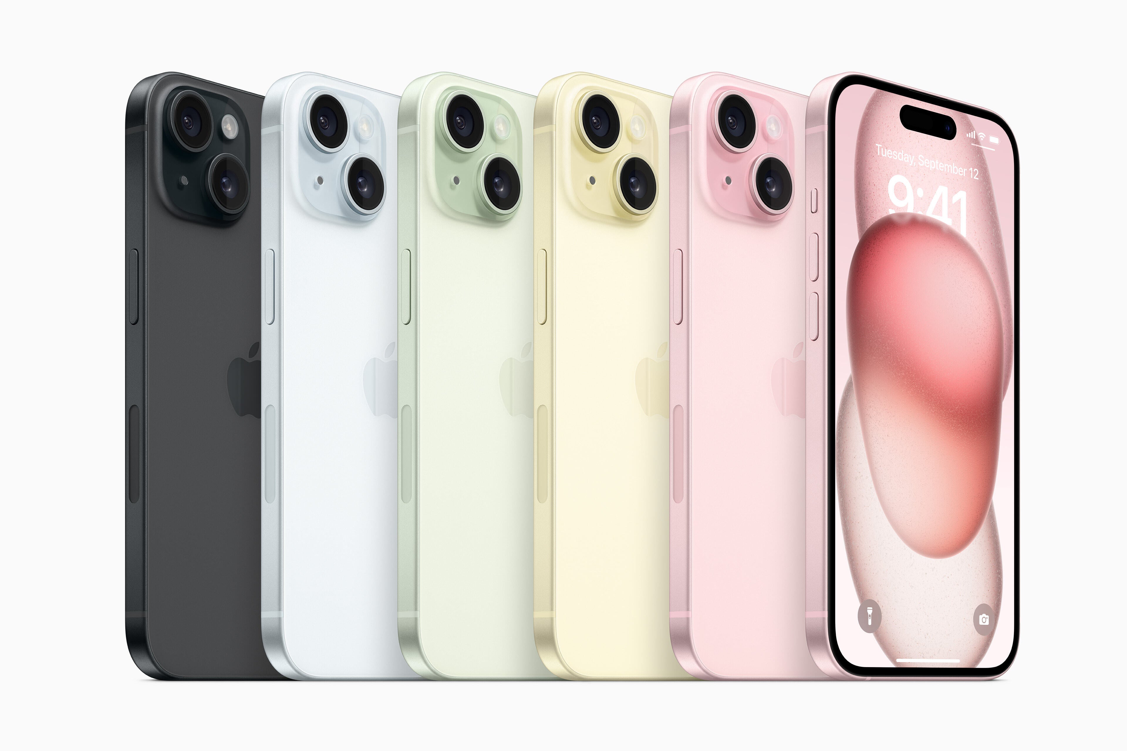 iPhone 15 and 15 Plus color options - black, blue, green, yellow, pink (from left to right) - Apple iPhone 15 release date, price, and features