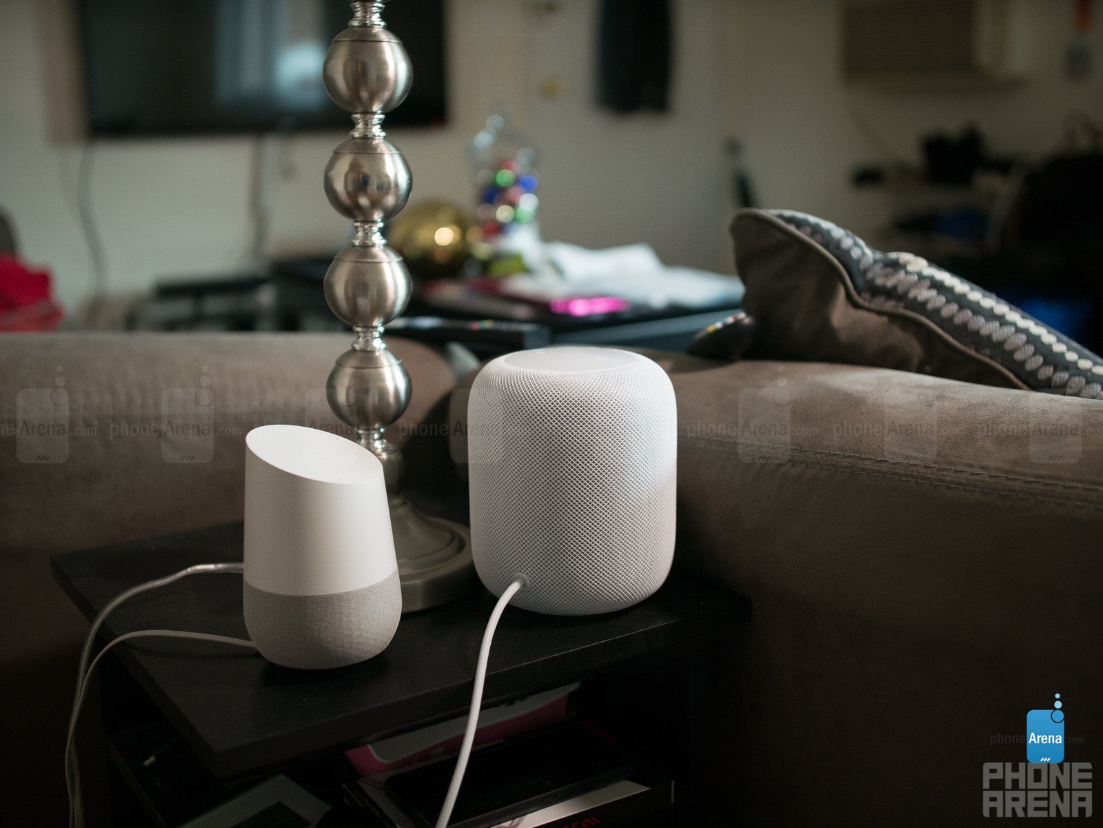 The Google Home next to HomePod - Apple HomePod Review