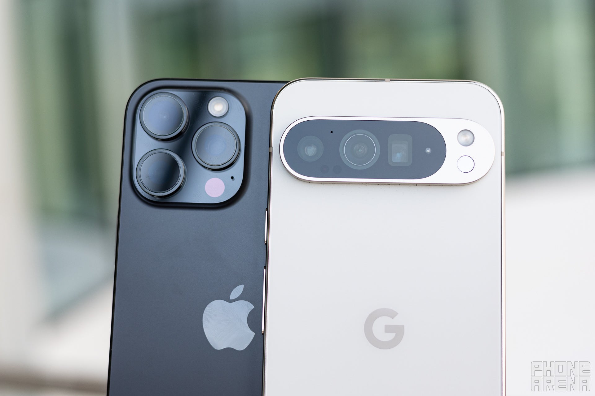 A close up image of the iPhone 16 Pro Max and Pixel 9 Pro XL cameras.