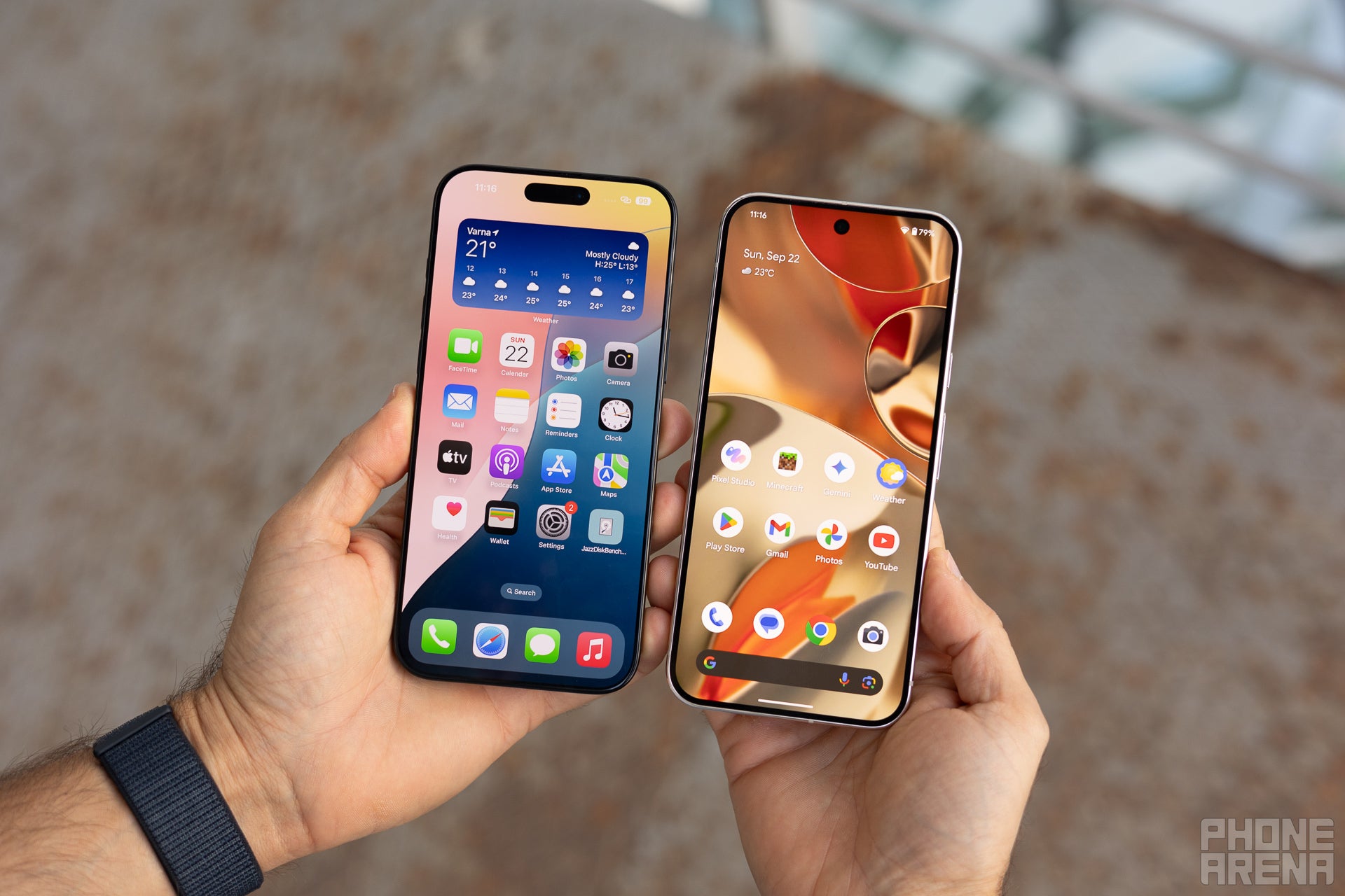 The iPhone 16 Pro Max and Pixel 9 Pro XL home screens.