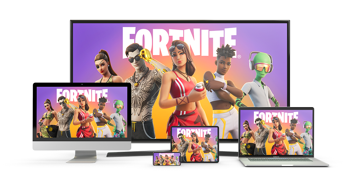 An TV, PC, phone, tablet and laptop showing a game called Fortnite