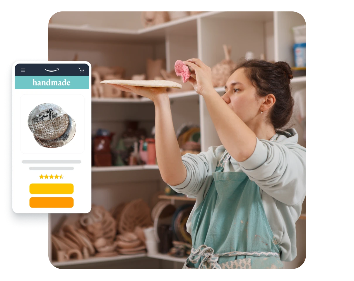 Handmade lofi ui product on amazon with a woman working on a handmade plate