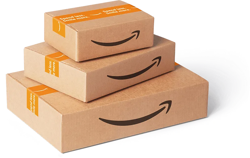 a stack of three Amazon boxes