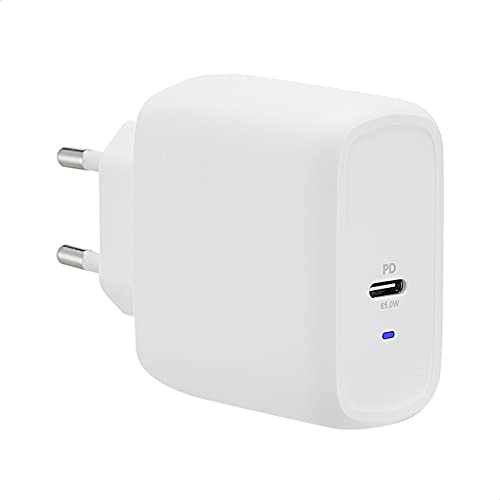 Amazon Basics - Cargador de pared de 1 puerto USB-C para ordenadores portátiles, tablets y teléfonos móviles, 65 W, GaN, no es de polisulfuro de fenileno (PPS), color blanco, 5,61 x 2,87 x 5 cm