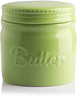 SWEEJAR Porcelain Butter Keeper Crock, French Butter Dish with Water Line, Ceramic Butter Container for soft butter (Green)