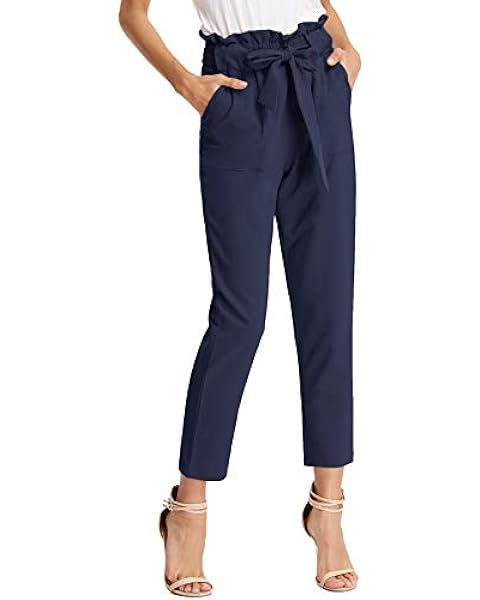 KANCY KOLE Women Casual Paper Bag Trouser High Waist Slim Cropped Ankle Pants with Bow Knot (Navy,S)