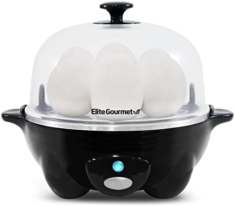 Elite Gourmet EGC-007B# Rapid Egg Cooker, 7 Easy-To-Peel, Hard, Medium, Soft Boiled Eggs, Poacher, Omelet Maker, Auto Shut-Off, Alarm, 16-Recipe Booklet, Black