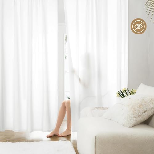 HOMEIDEAS Non-See-Through White Privacy Sheer Curtains 52 X 84 Inches Long 2 Panels Semi Sheer Curtains Light Filtering Window Curtains Drapes for Bedroom Living Room
