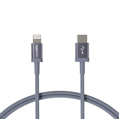 Amazon Basics - Cable trenzado de nylon USB-C a Lightning, cargador certificado por MFi para iPhone 12/12 Pro/12 Pro max/11/11 Pro/11 Pro Max/X/XS/XR/XS Max/8/8 Plus, color gris oscuro, 0,9 m