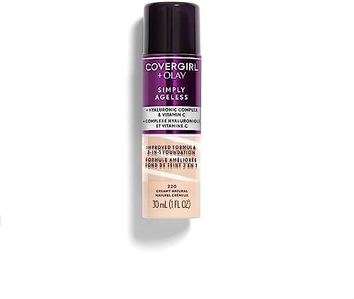 CoverGirl & Olay Simply Ageless 3-in-1 Liquid Foundation, Matte Finish, Hyaluronic & Vitamin C Formula, Cruelty Free, Creamy Natural, 1 Count