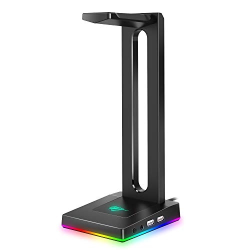 HAVIT RGB con AUX de 3,5 mm y 2 Cargador USB Soporte para Auriculares de Escritorio, Soporte de Cascos Gaming Duradero