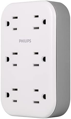 Philips EZFit 6-Outlet Surge Protector Outlet Extender, Wall Tap, Grounded Widely Spaced Outlets, 900 Joules, for Home Office Dorm Essentials, White, SPP6602W/37