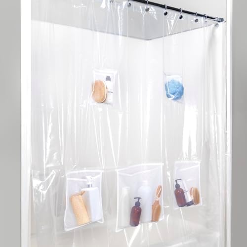 Kenney KN61447 Medium Weight 5 Gauge Waterproof PEVA Shower Curtain Liner with 5 Mesh Storage Pockets and Rust-Resistant Metal Grommets for Bathroom, 70" W x 72" H, Clear