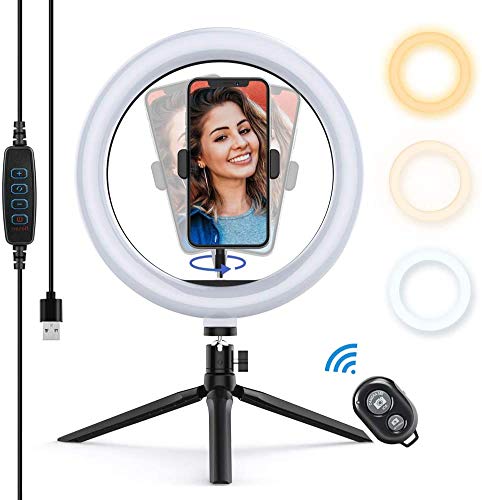 Yoozon Luz de Anillo LED 10" fotográfica de Escritorio, 3 Colores 10 Brillos Regulables Wireless Control Remoto, Trípode con Soporte Giratorio de teléfono para Selfie, Maquillaje, Youtube, TIK Tok