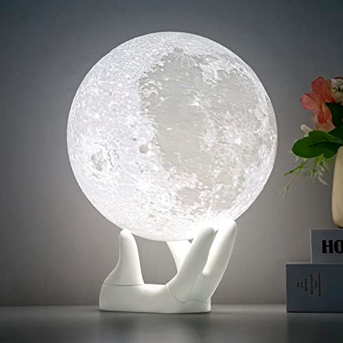 BRIGHTWORLD Moon Lamp, 4.7 inch Moon Light 3D Printing Night Light 16 Colors Lunar Lamp with Remote/Touch Control and USB Rechargeable, Birthday Gift Christmas Gift for Girls Kids (White Hand Stand)