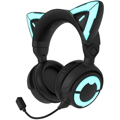 YOWU Cat Ear Headphones 4GS - 2.4G USB/Type C Gaming Headset with Microphone for PC/PS4/PS5/XBOX/Switch, Wired/Wireless Over Ear Headphones with 50mm Drivers, Customizable RGB Light/Effect - Black