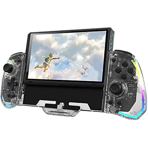 switch 携帯モード専用コントローラー 一体式コントローラー グリップコントローラー 【Switch/Switch有機ELモデル対応】透明 RGBライト 背面ボタン 本体グリップ スイッチ コントローラー HD振動 TURBO/AUTO連射機能 六軸ジャイロセンサー 充電不要 挿すだけ使用