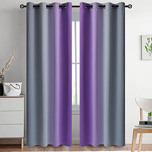 Yakamok Ombre Grey and Purple Curtains for Bedroom, Gradient Room Darkening Curtains 84 inches long,Grommet Thermal Insulated Light Blocking Window Drapes/Curtain for Living Room,52 x 84 Inch,2 Panels