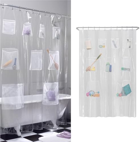 Zenna Home Waterproof PEVA Shower Curtain or Shower Liner with 9 Mesh Storage Pockets, 70" x 72", Bathroom Organizer, Clear